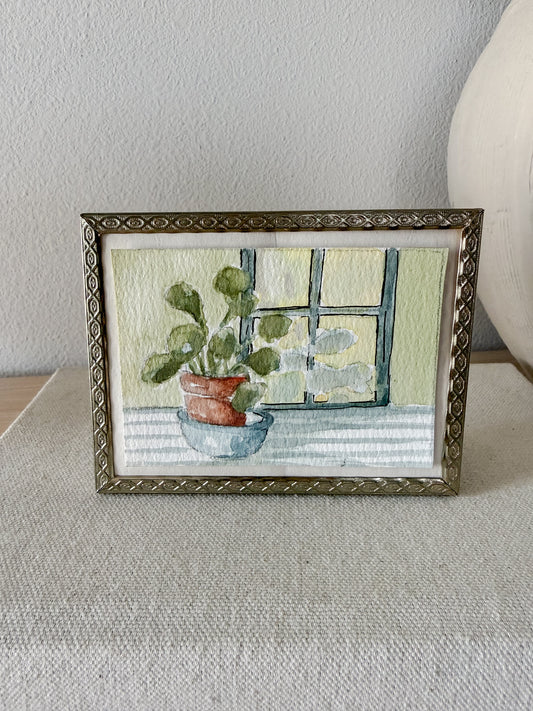 Vintage Gold Etched Frame with Original Mini Watercolor Painting