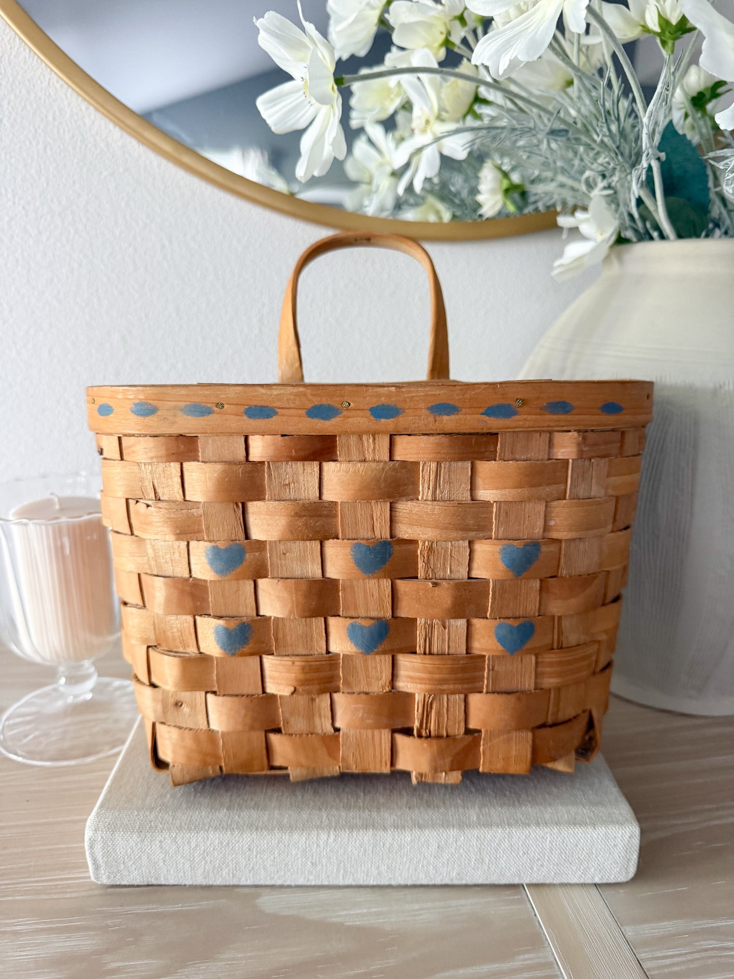 Vintage Wall Basket with Blue Hearts