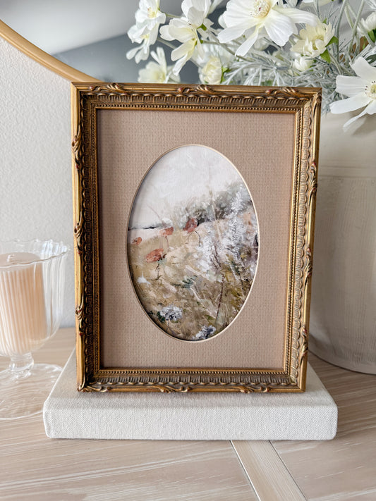 Vintage Gold Textured Frame with Tan Oval Matted Floral Print