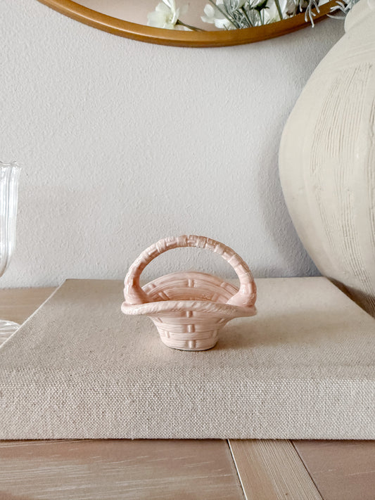Vintage Mini Pink Pottery Basket Match Holder/Ring Dish