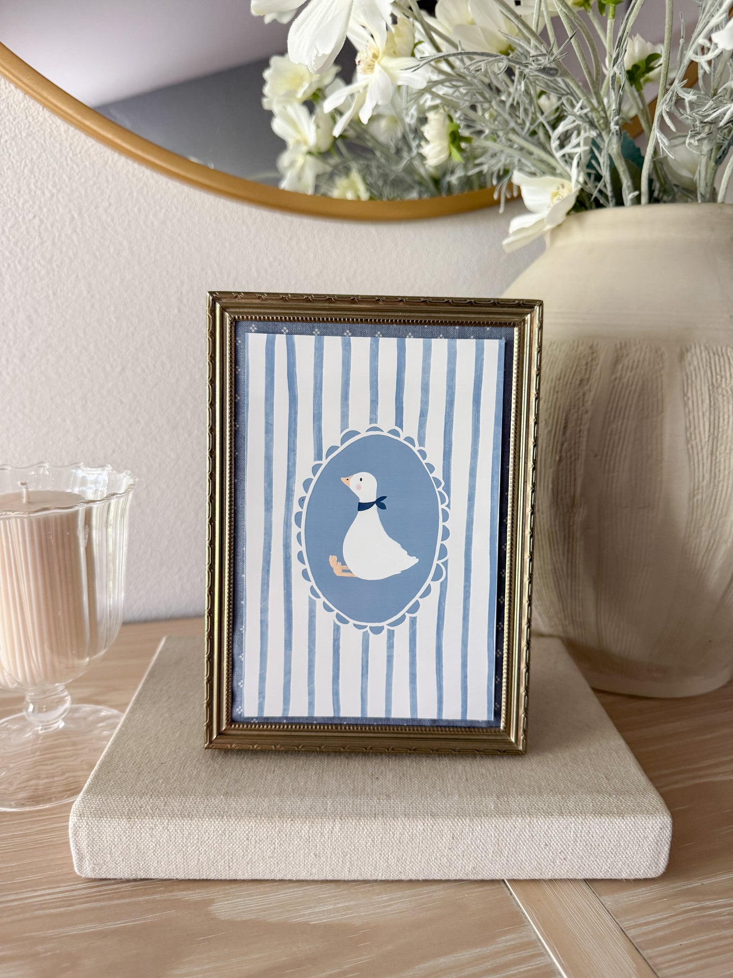 Vintage Gold Framed Goose Print with Blue Fabric Underlay