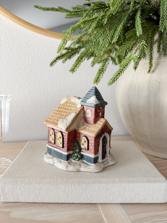 Vintage Porcelain Winter Church Candleholder