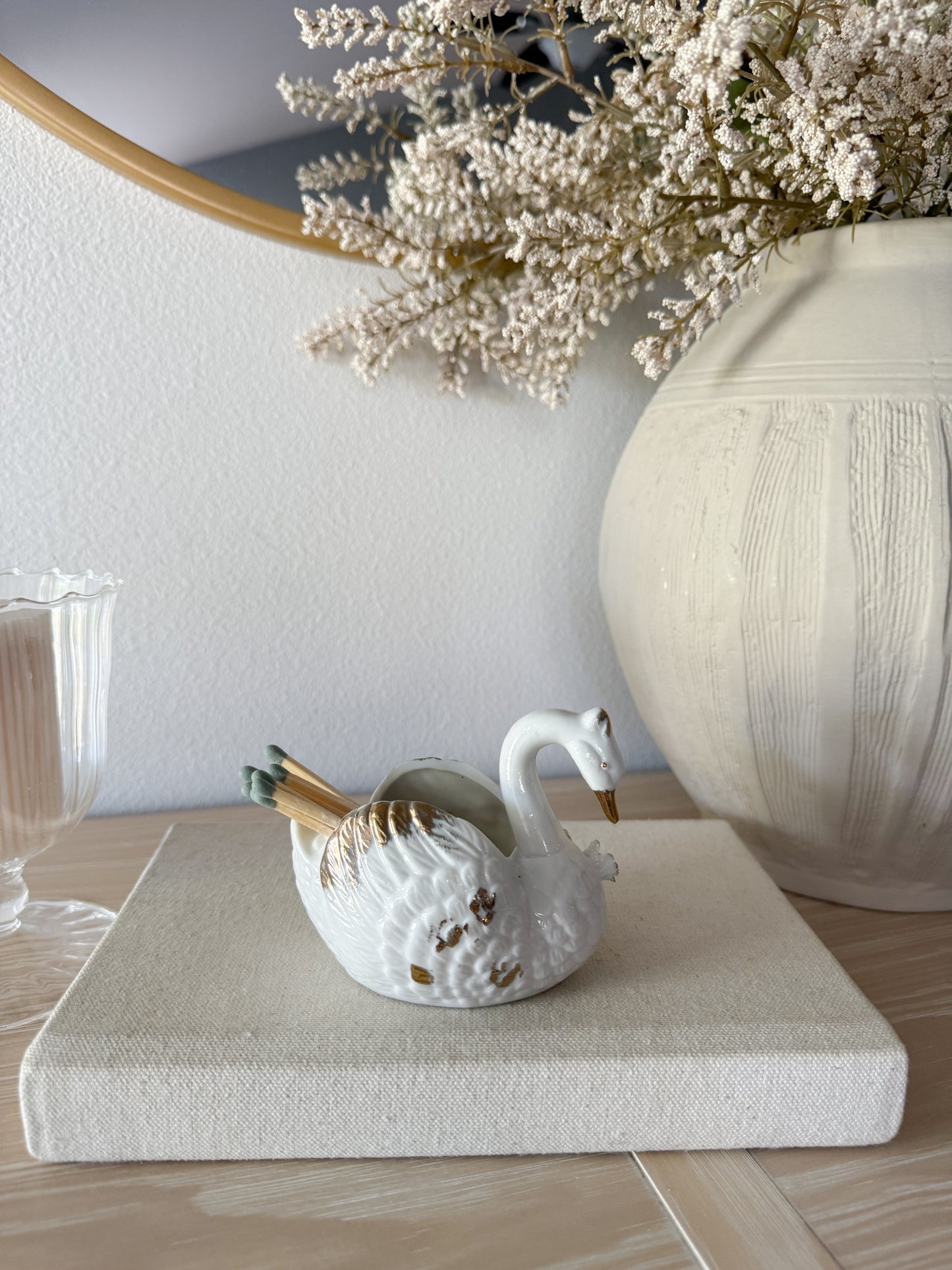 Vintage Porcelain Floral Swan Planter/Match Holder