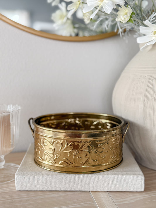 Vintage Brass Floral Oval Planter with Handles