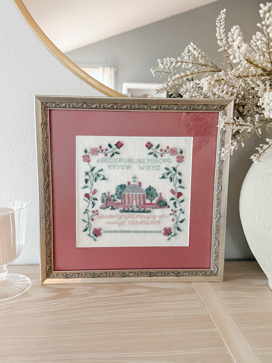 Vintage Pink Cottage Sampler Needlepoint Embroidery
