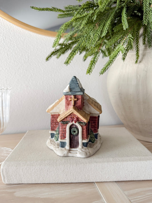 Vintage Porcelain Winter Church Candleholder