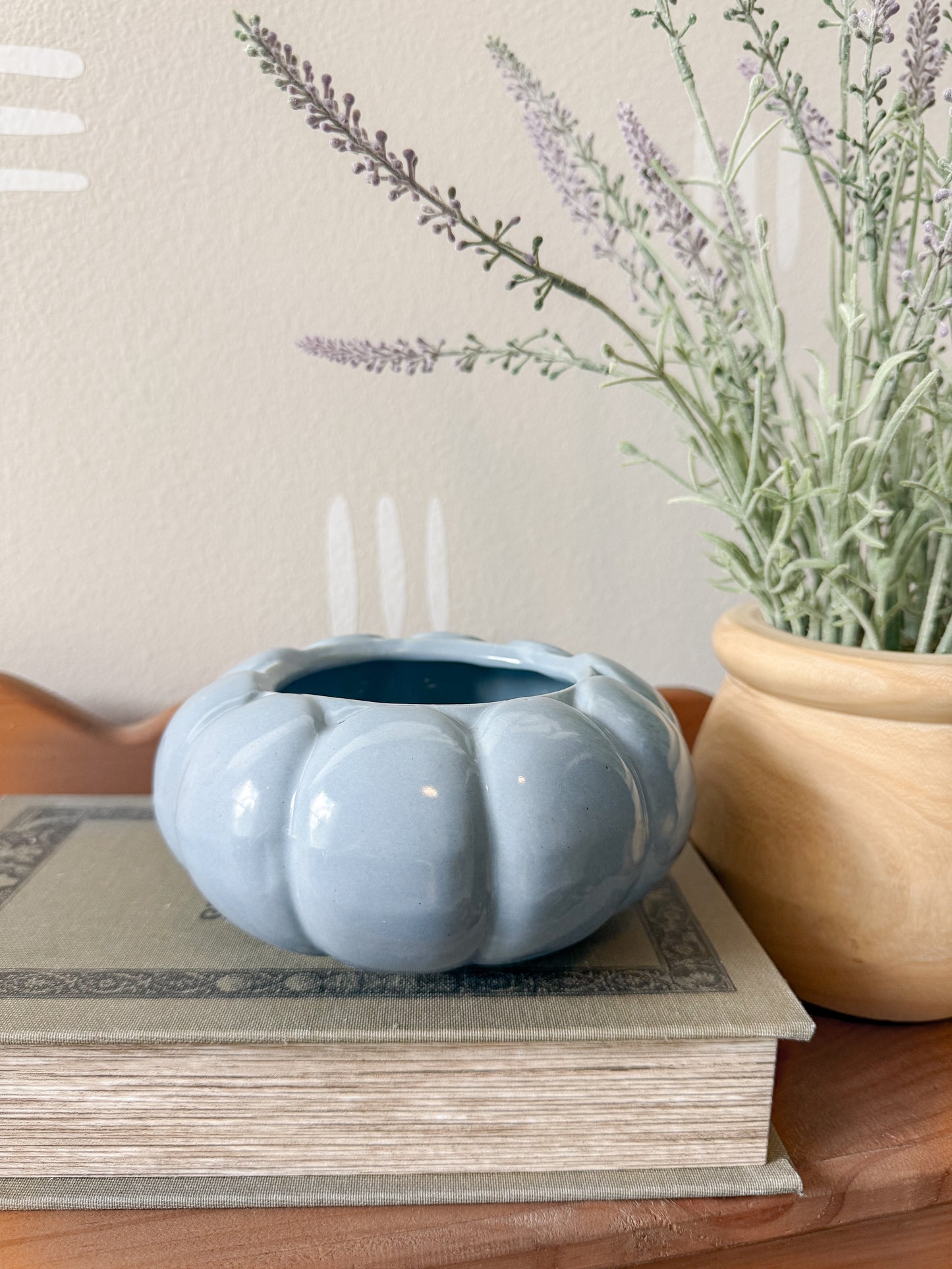 Vintage Blue Scalloped Pottery Planter