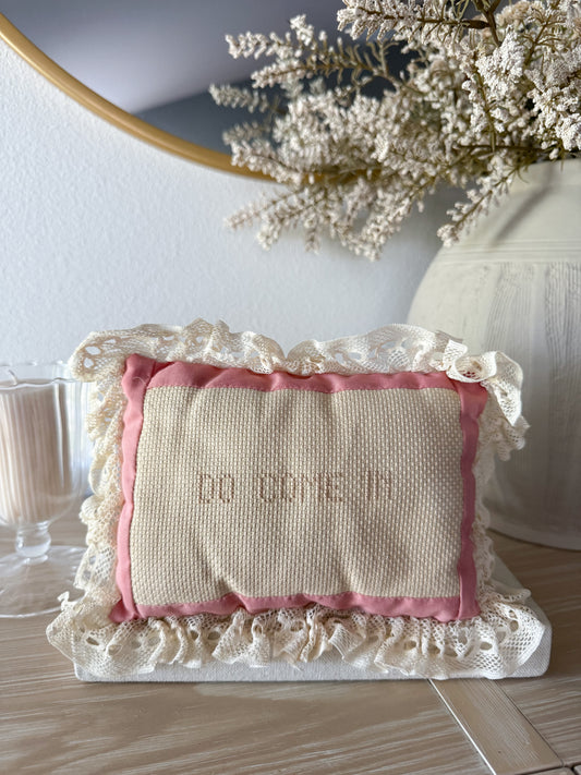 Vintage Cross-Stitch “Do Come In” Lace Pillow