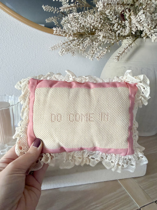 Vintage Cross-Stitch “Do Come In” Lace Pillow