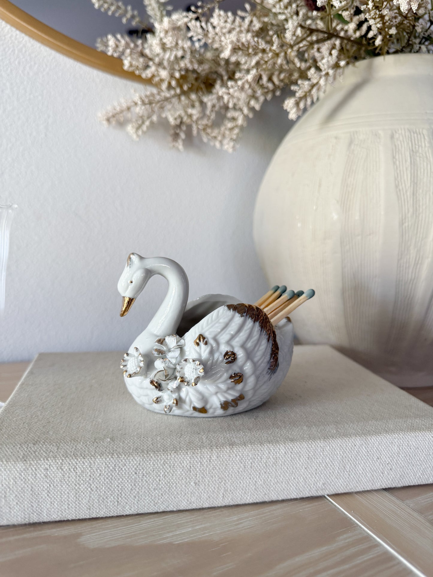 Vintage Porcelain Floral Swan Planter/Match Holder