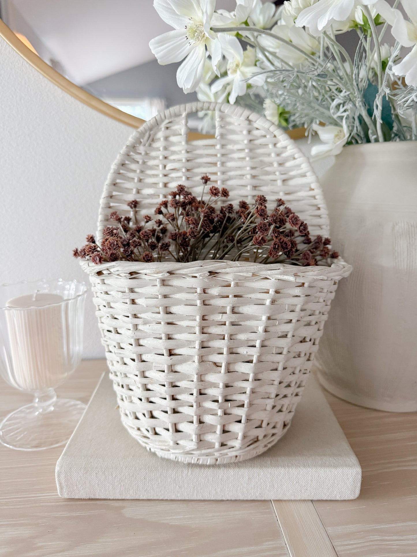 Vintage White Woven Wall Basket