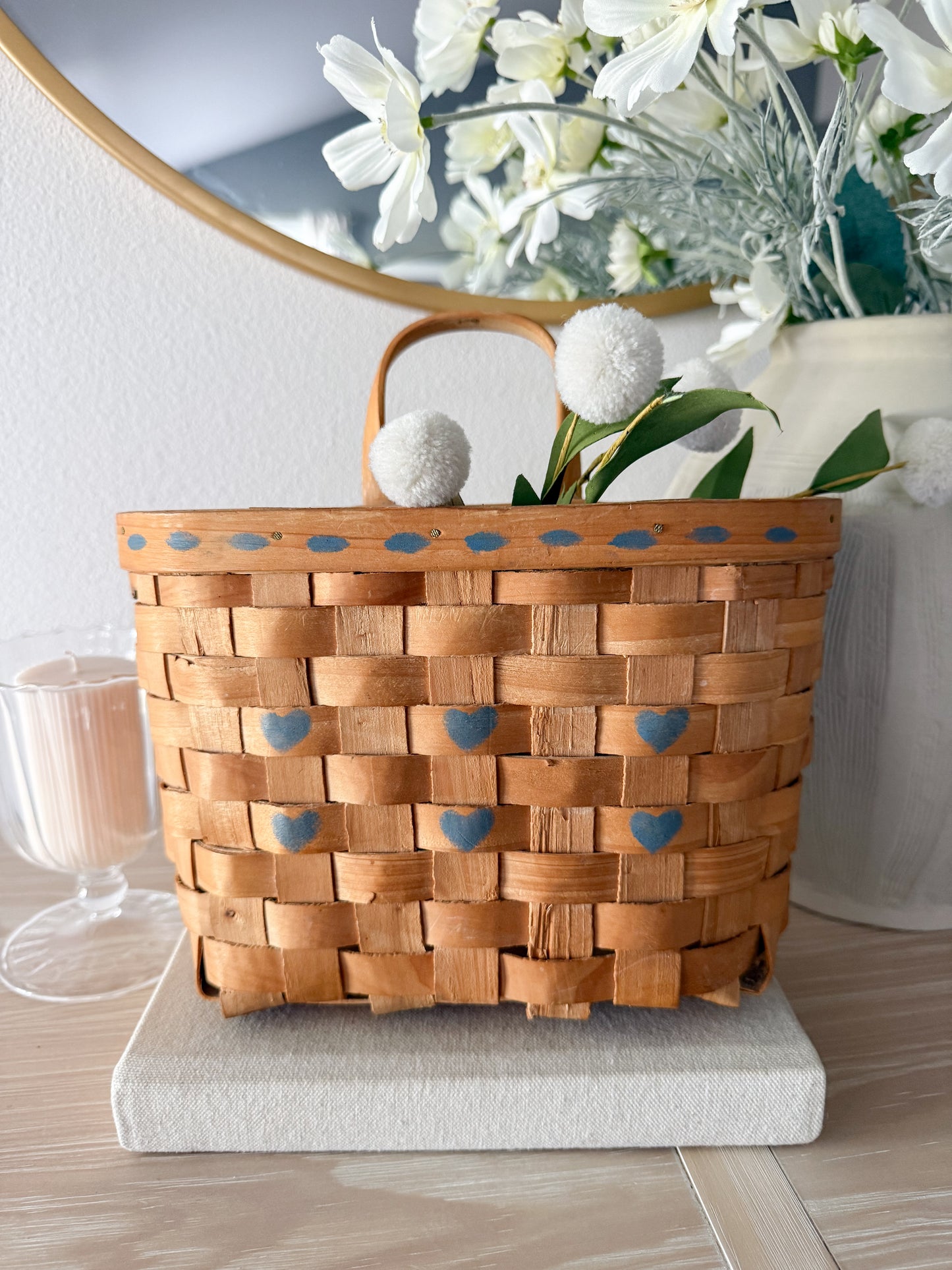 Vintage Wall Basket with Blue Hearts
