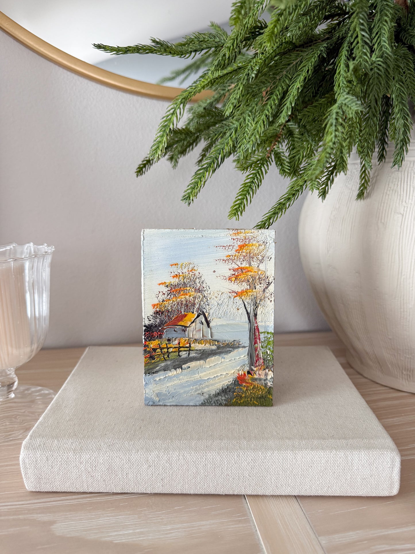 Vintage Mini Lakeside Cottage Oil Painting