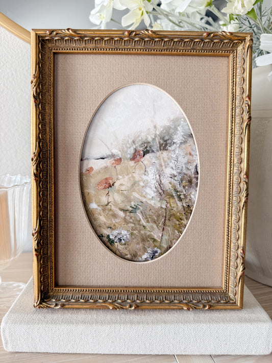 Vintage Gold Textured Frame with Tan Oval Matted Floral Print